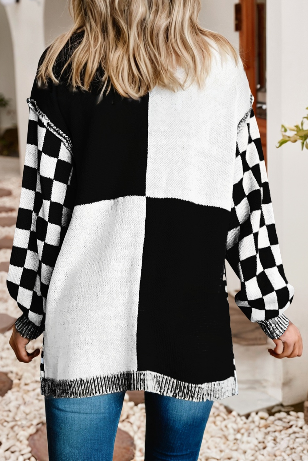 Black Checkered Open Front Cardigan
