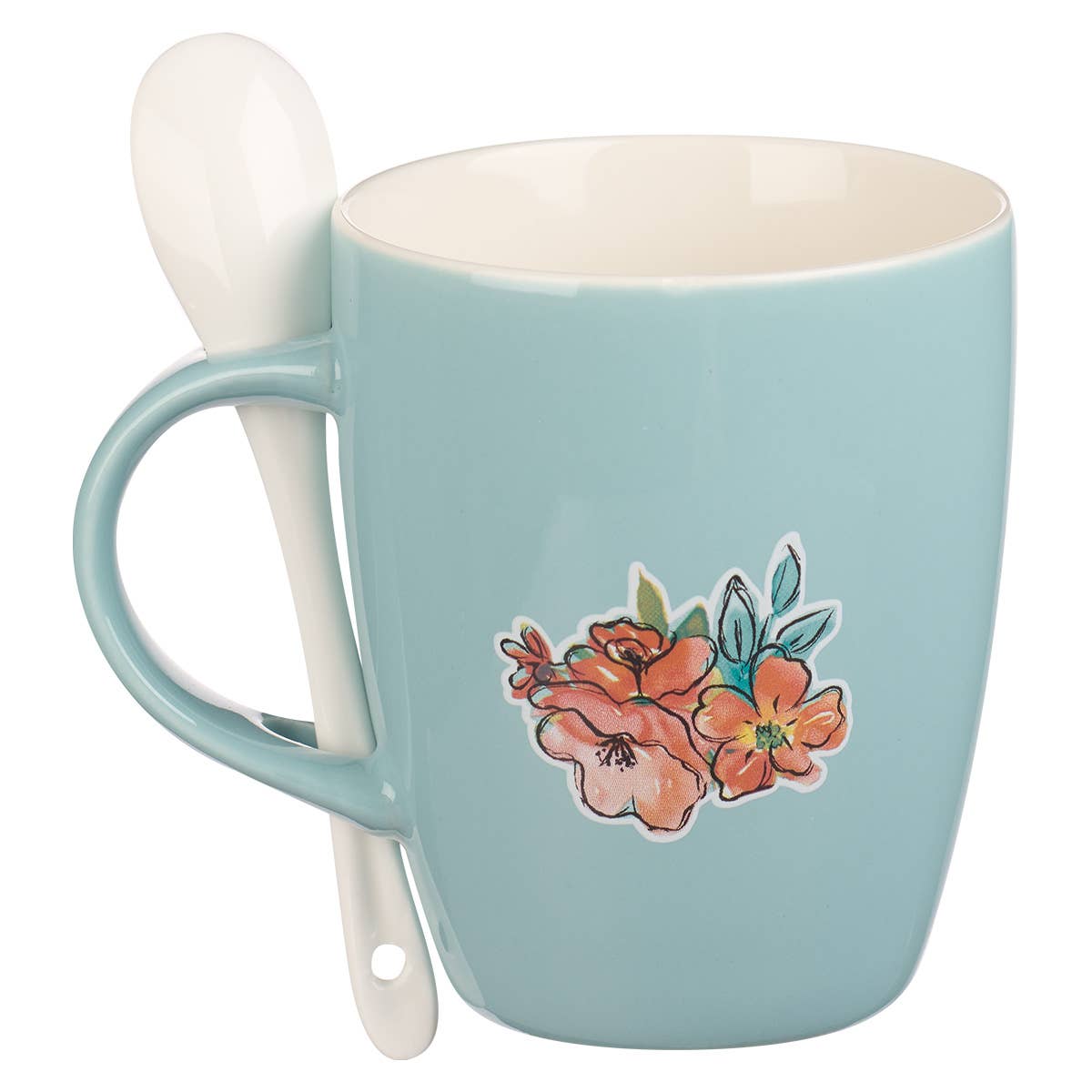 Bless You and Keep You Teal Ceramic Coffee Mug with Spoon
