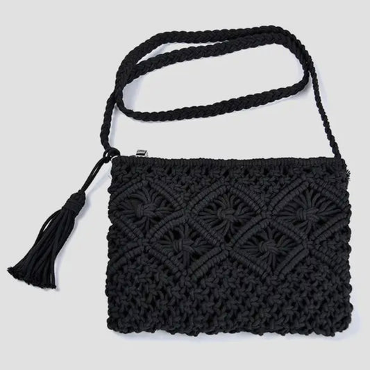 Jen & Co. Val Macrame Crossbody Bag w/ Tassel - Black