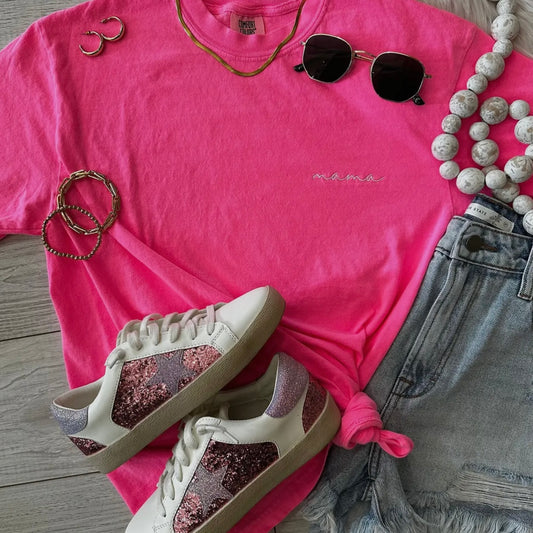 Neon Pink Dainty Mama Embroidered Tee