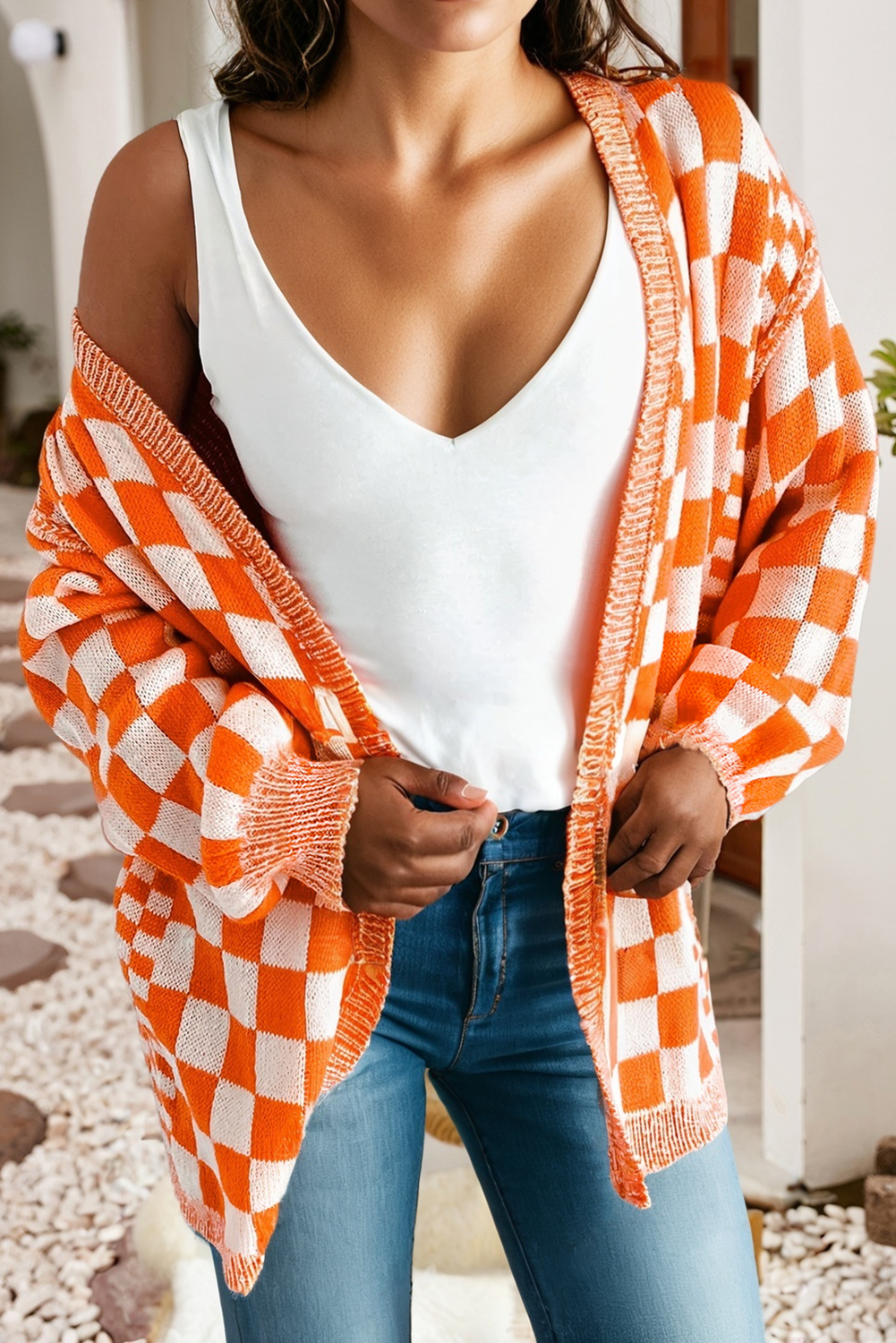Orange Checkered Open Front Cardigan