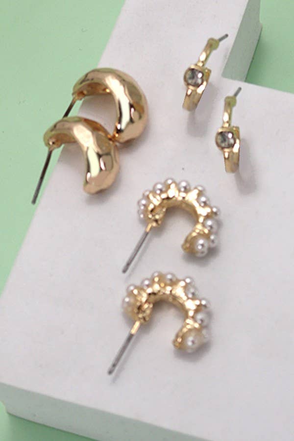 Gold Trio Pearl Diamond Cut Hoop Earrings