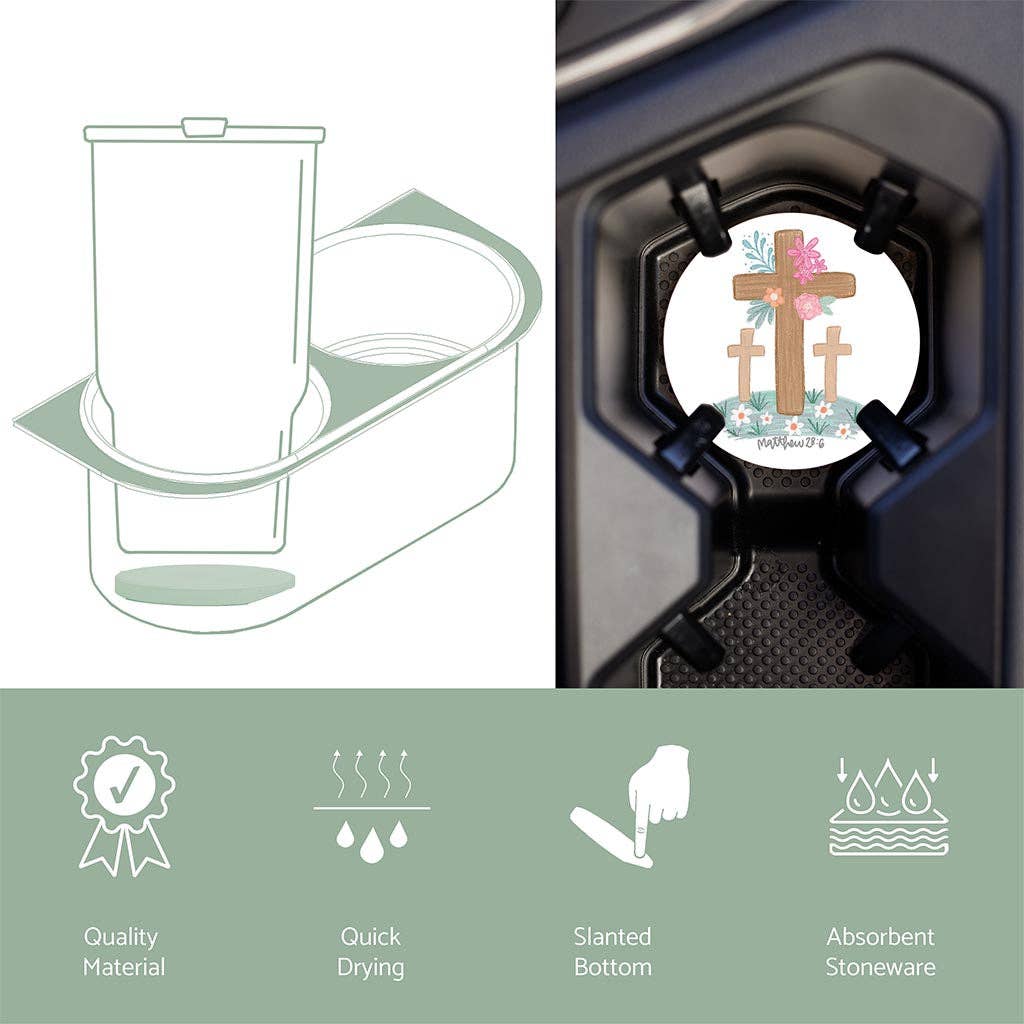 Floral Cross Matthew 28:6 Car Coaster