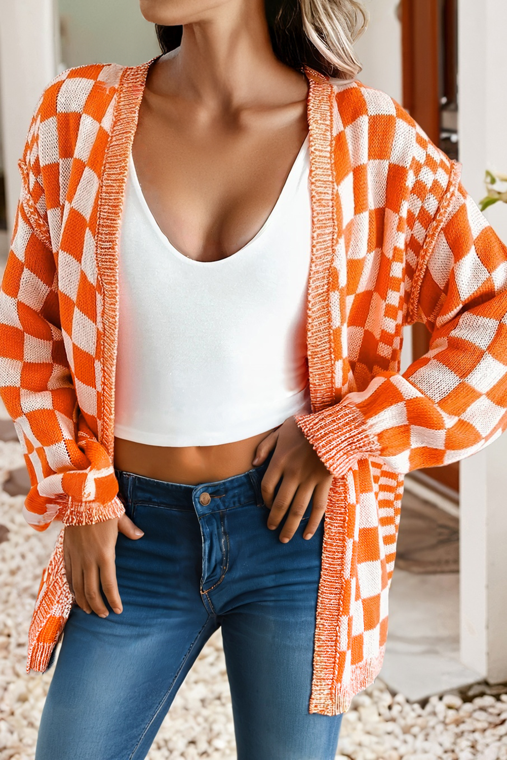 Orange Checkered Open Front Cardigan