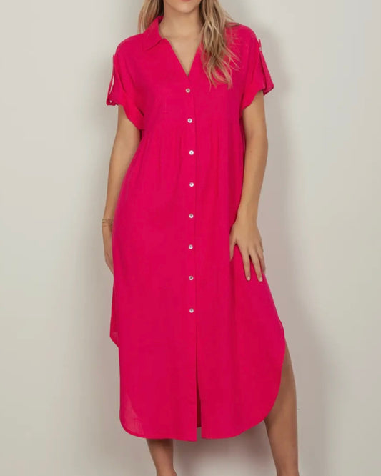 Plus Size Oversized Hot Pink Linen Woven Midi Dress