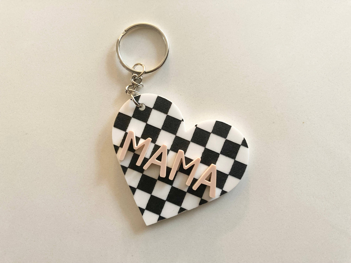 Checkered Heart Mama Keychain