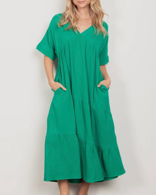 Kelly Green Frayed Detail Soft Midi Dress