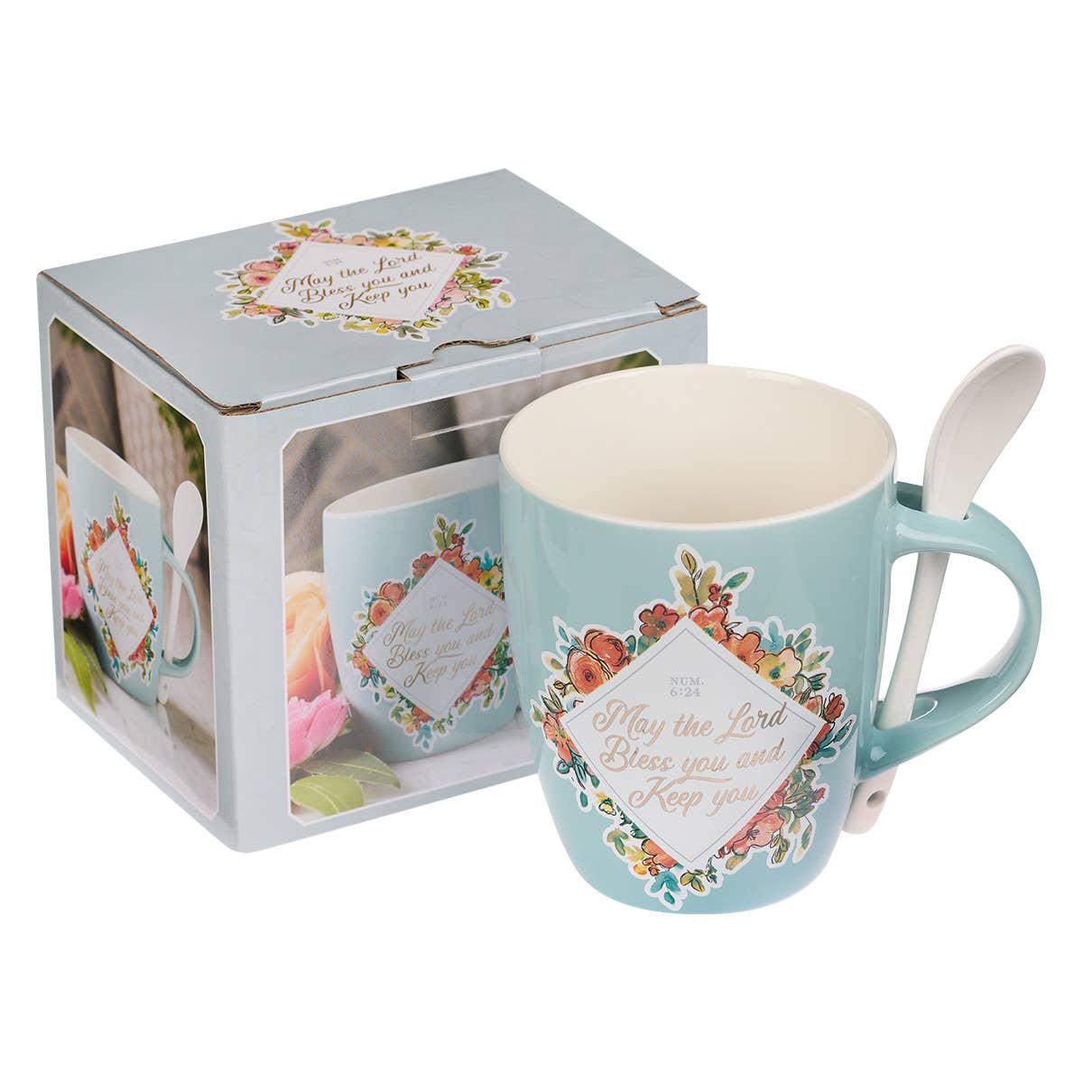 Bless You and Keep You Teal Ceramic Coffee Mug with Spoon
