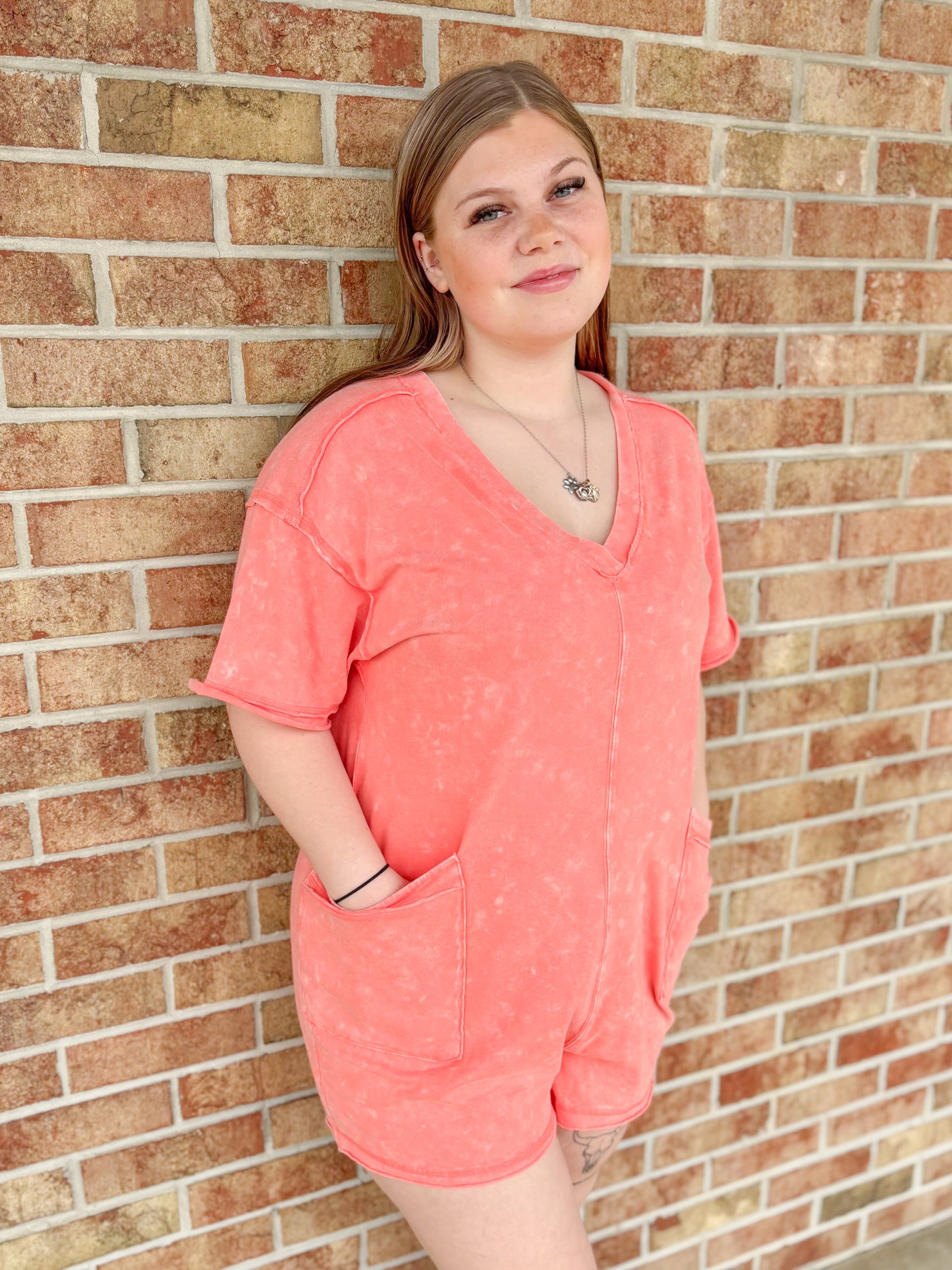 Coral Mineral Washed Oversized Romper