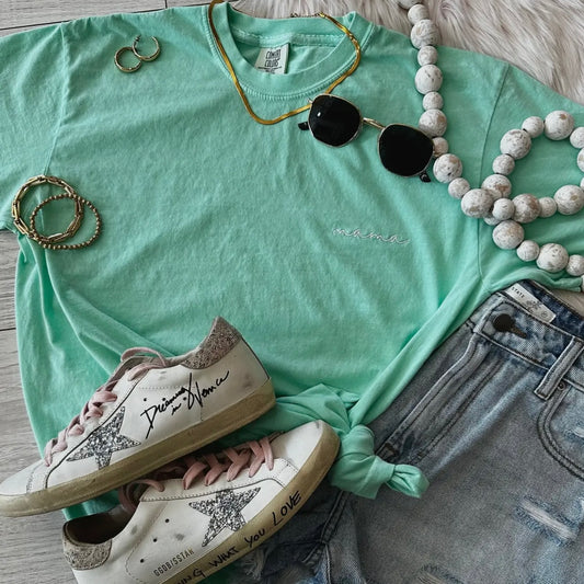 Mint Dainty Mama Embroidered Tee