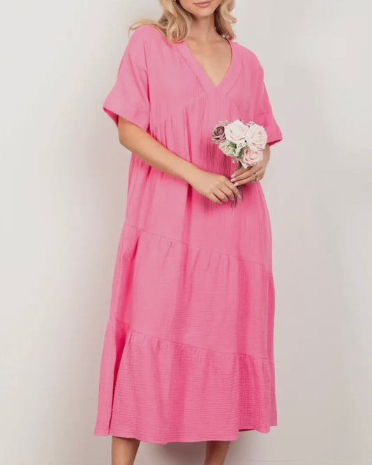 Pink Frayed Detail Soft Midi Dress