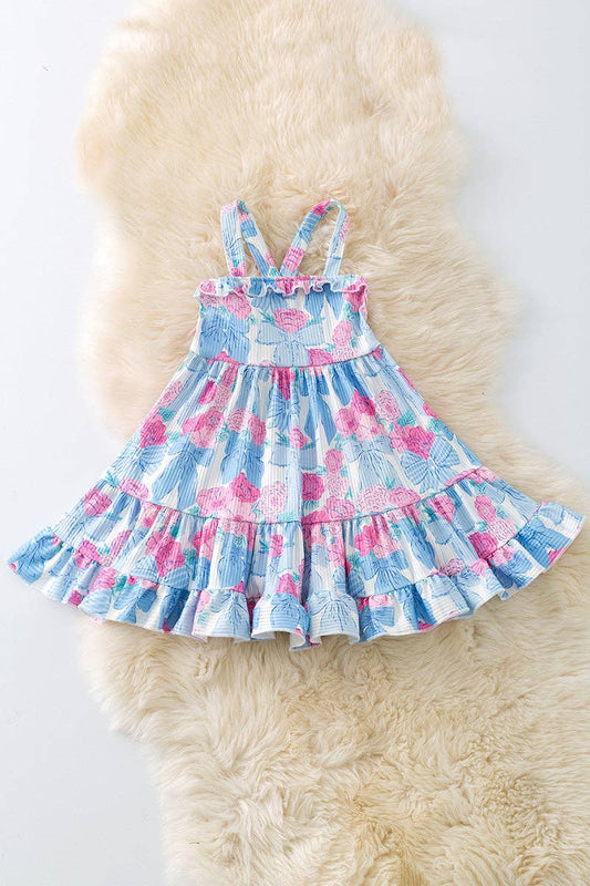 Girls Bow & Floral Printed Tiered Swing Dress