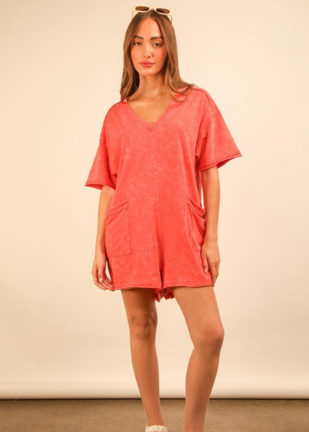 Coral Mineral Washed Oversized Romper