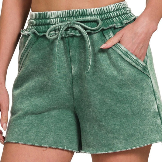 Dark Green Acid Wash Fleece Shorts