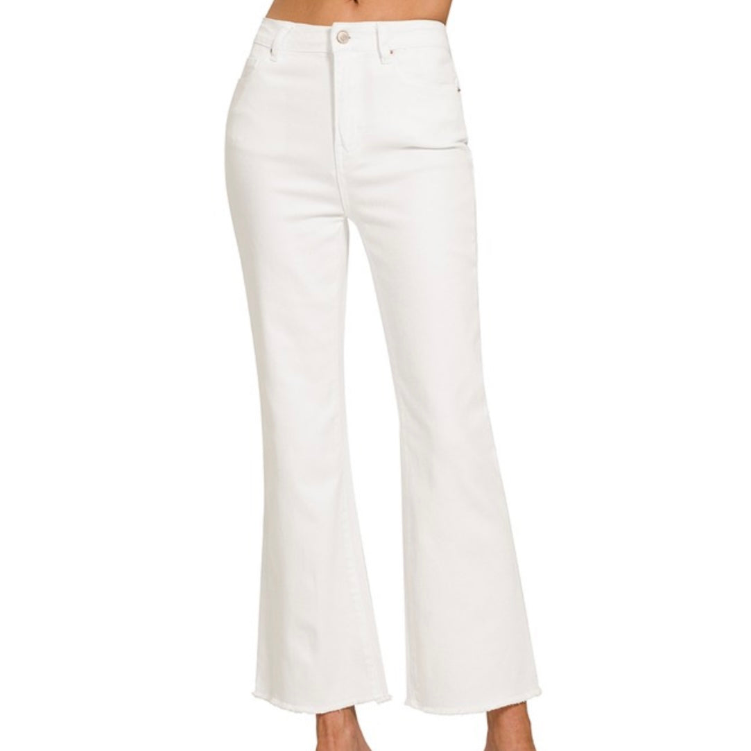 White Acid Washed High Waist Bootcut Pants With Frayed Hem