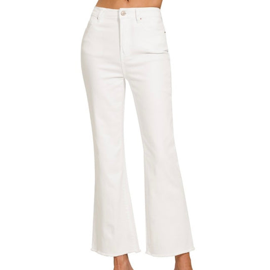 White Acid Washed High Waist Bootcut Pants With Frayed Hem