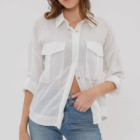 Roll-Up Tab Sleeve Button Up Top in White