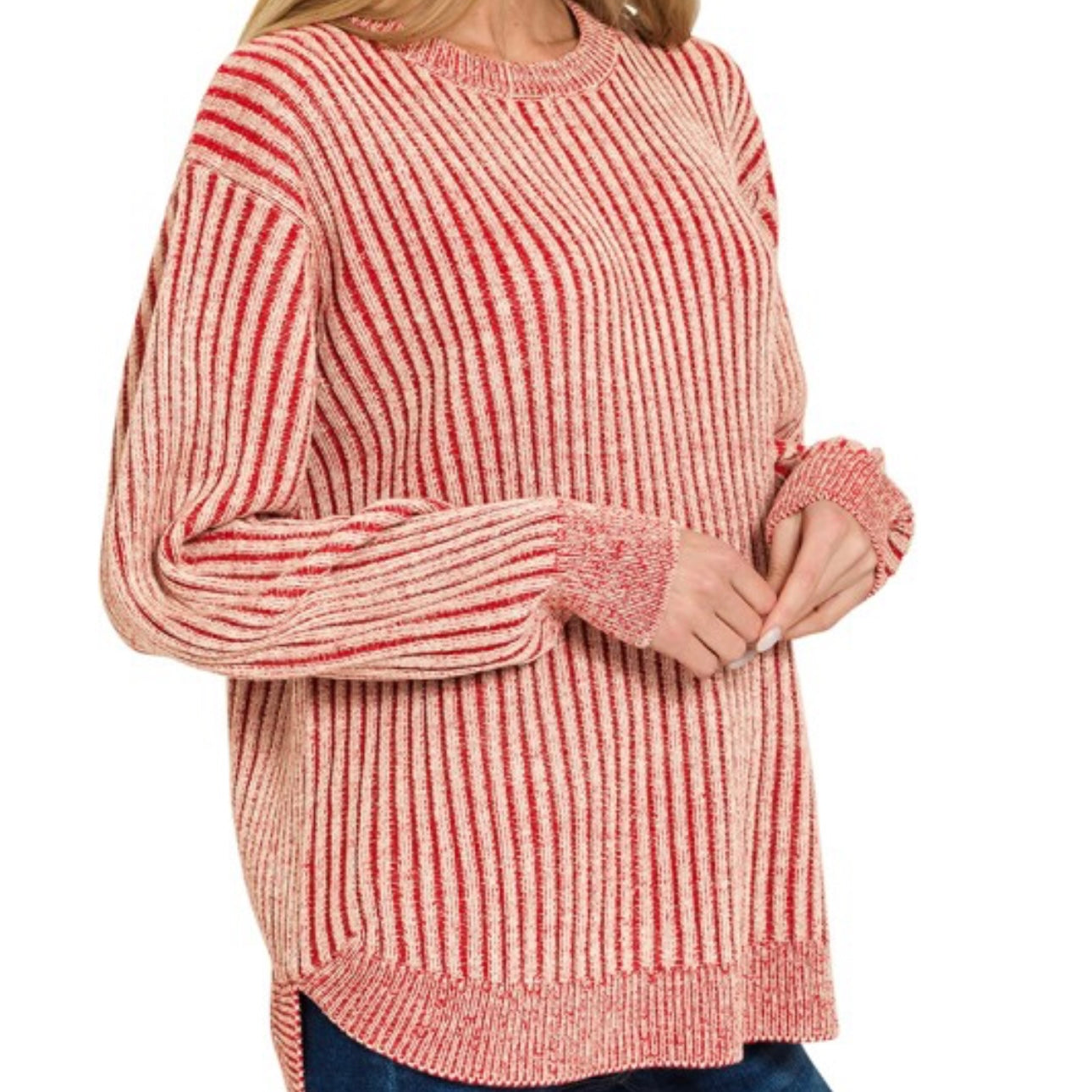Dark Red Curved Hem Two-tone Sweater