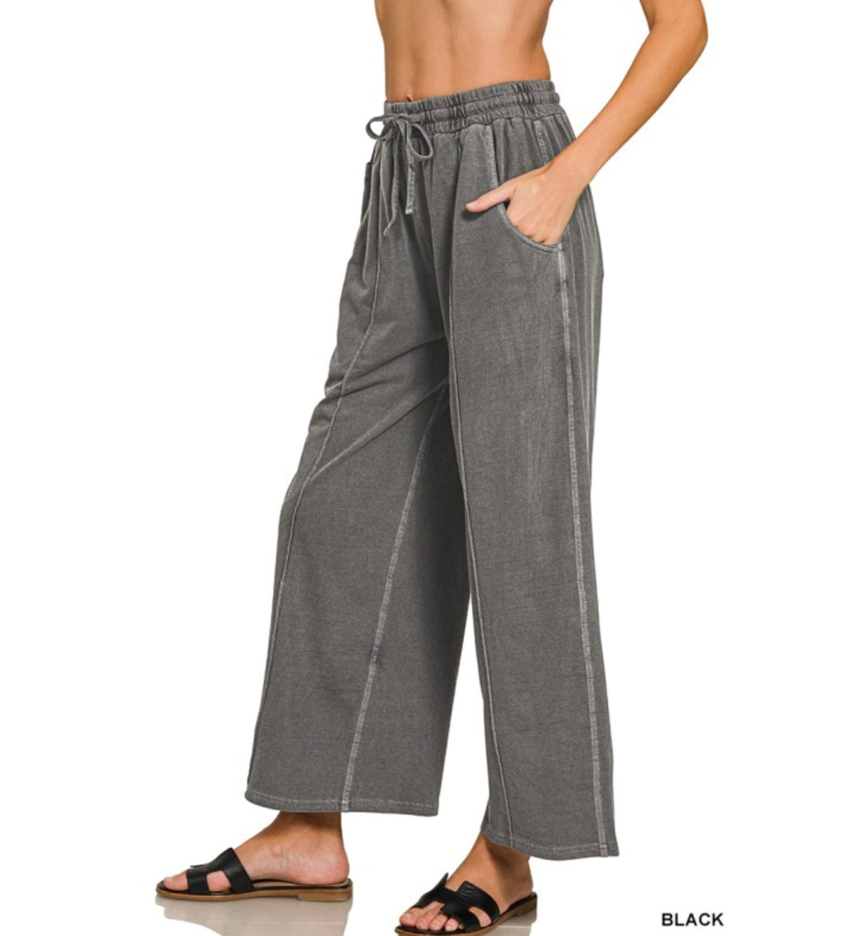 French Terry Wide Leg Pants - Black