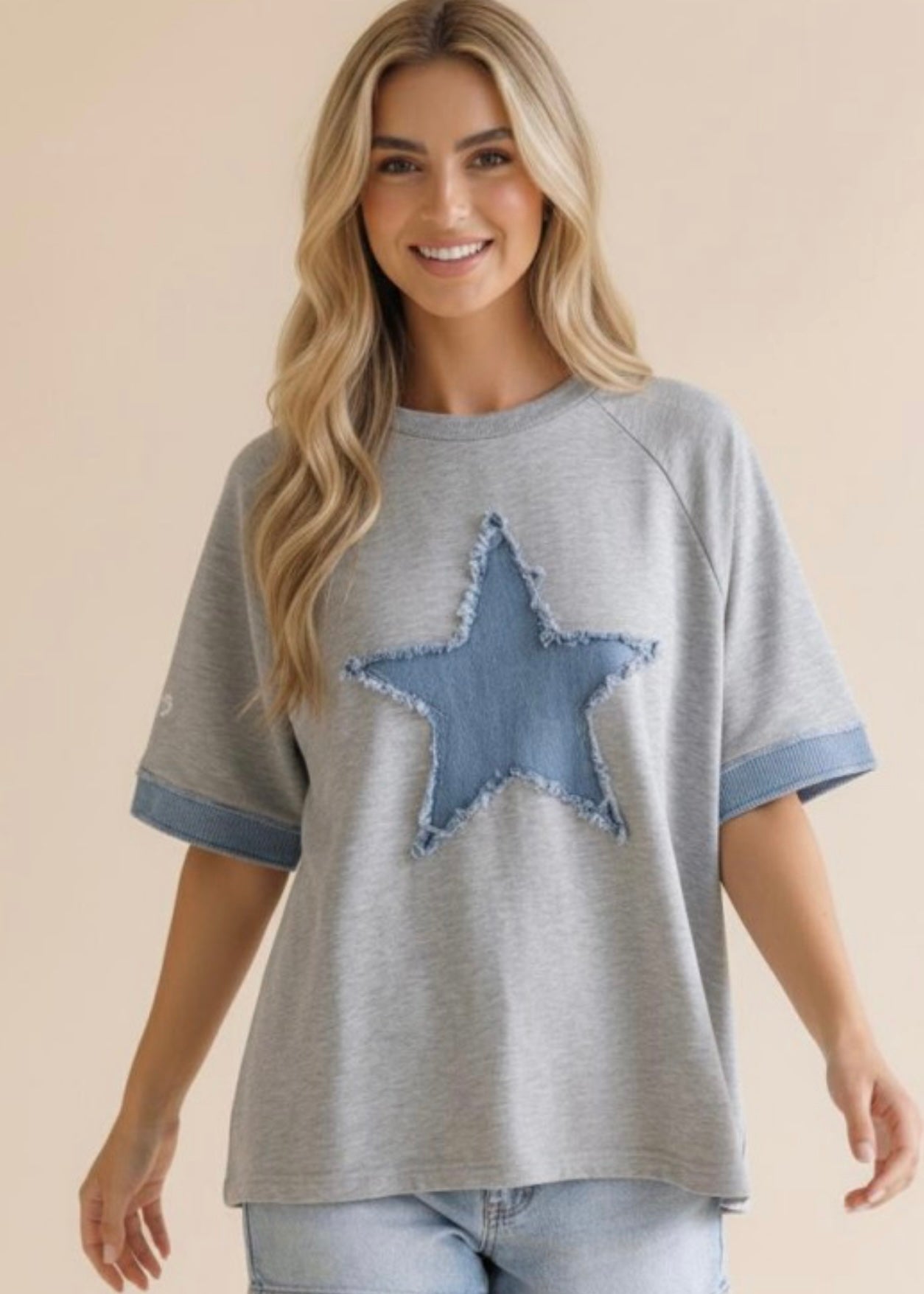 Denim Star Patchwork Washed French Terry Top