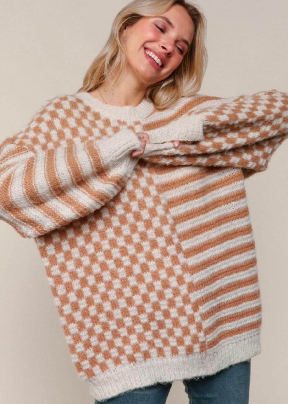 Taupe & Oatmeal Oversized Checker Stripe Colorblock Sweater