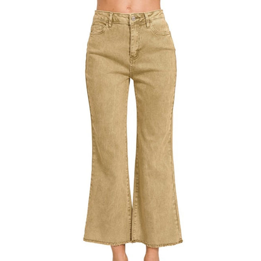 Light Camel Acid Washed High Waist Bootcut Pants With Frayed Hem