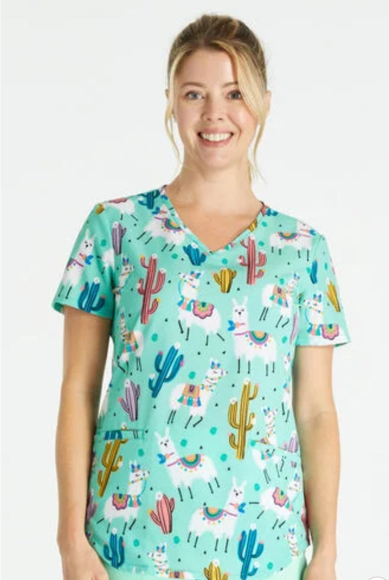 Women’s Cherokee Scrub Top, Llama Print