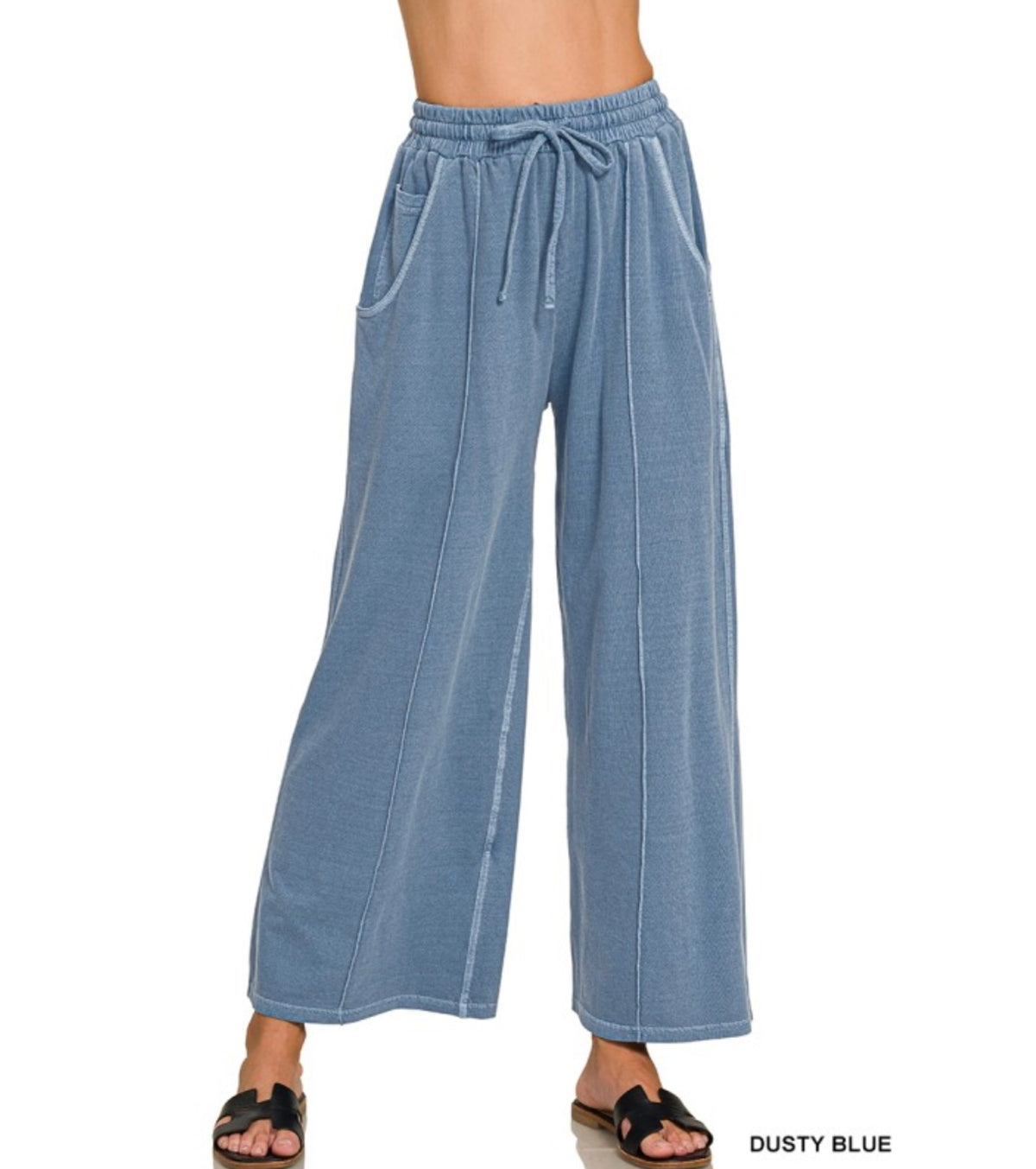 French Terry Wide Leg Pants - Dusty Blue