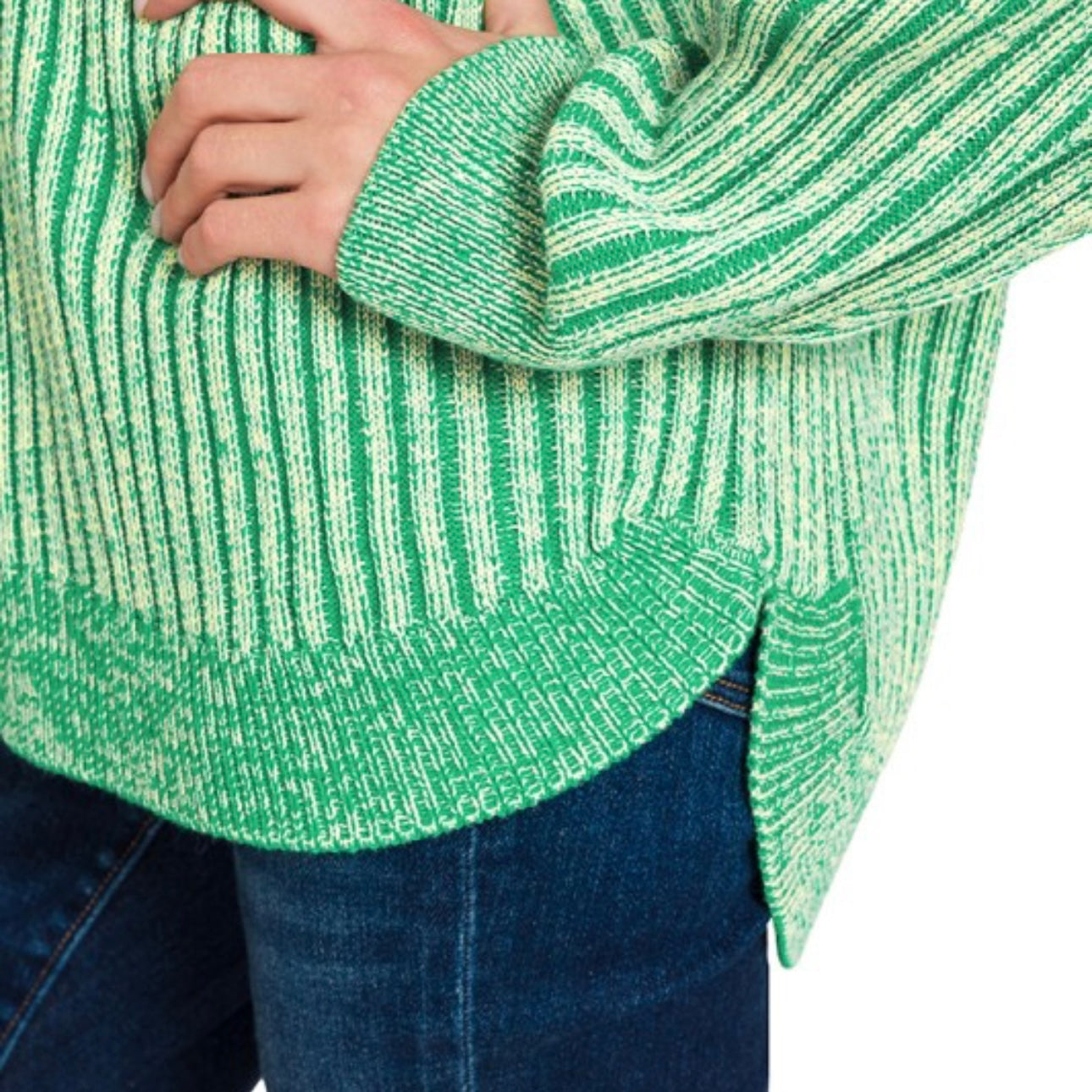 Kelly Green Curved Hem Two-tone Sweater