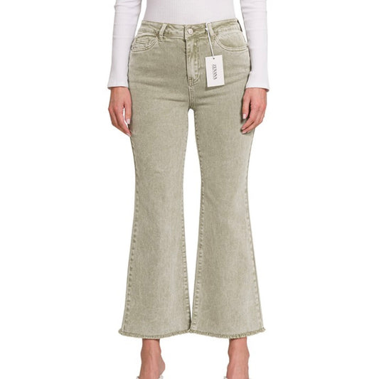 Light Olive Acid Washed High Waist Bootcut Pants With Frayed Hem