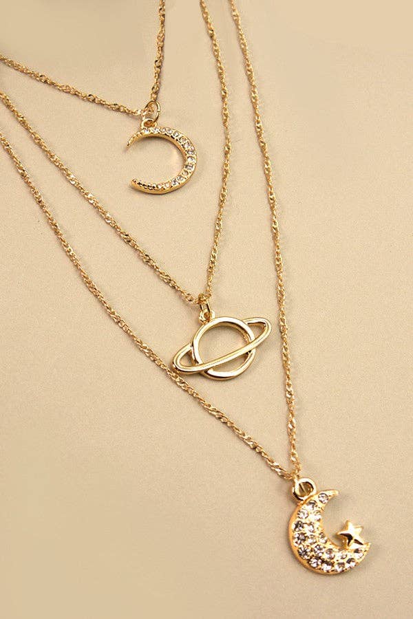 Gold Rhinestone Moon Space Necklace