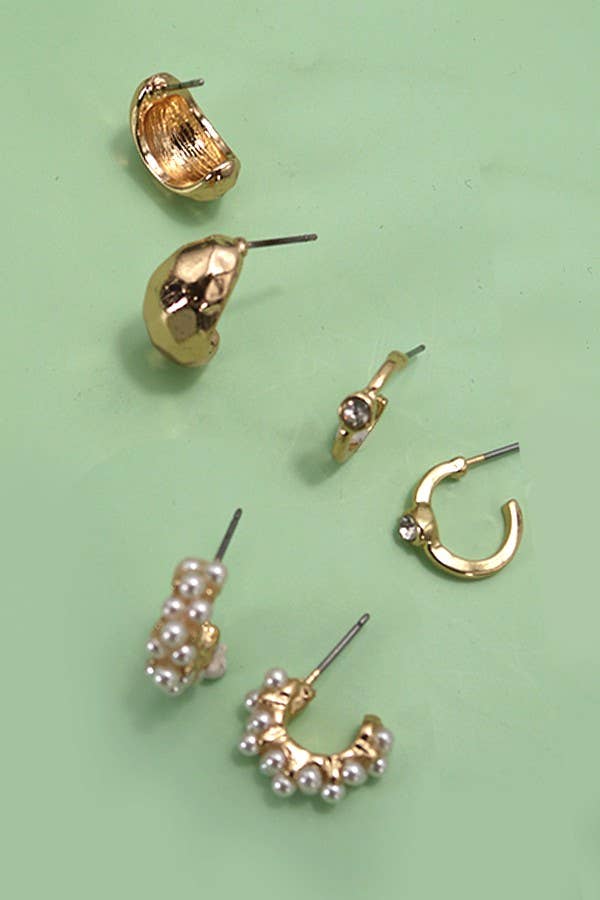 Gold Trio Pearl Diamond Cut Hoop Earrings