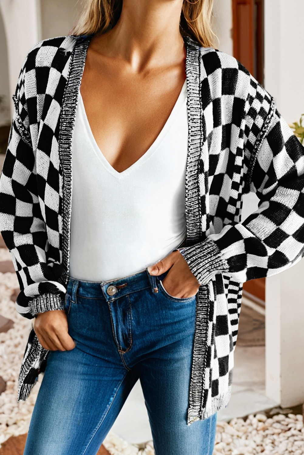 Black Checkered Open Front Cardigan