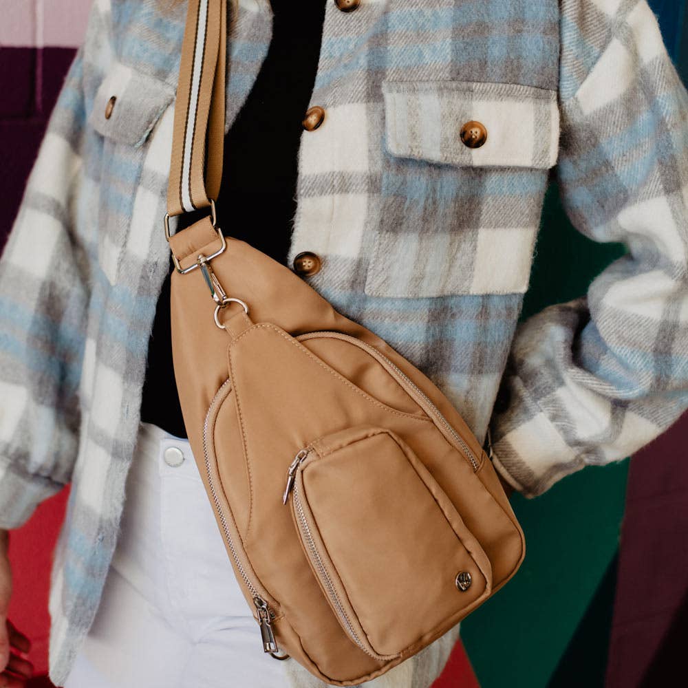 Tan Solid SLING BAG with Striped Strap
