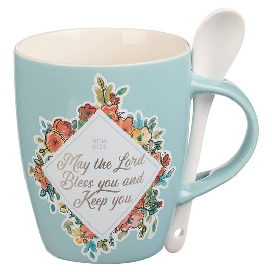 Bless You and Keep You Teal Ceramic Coffee Mug with Spoon