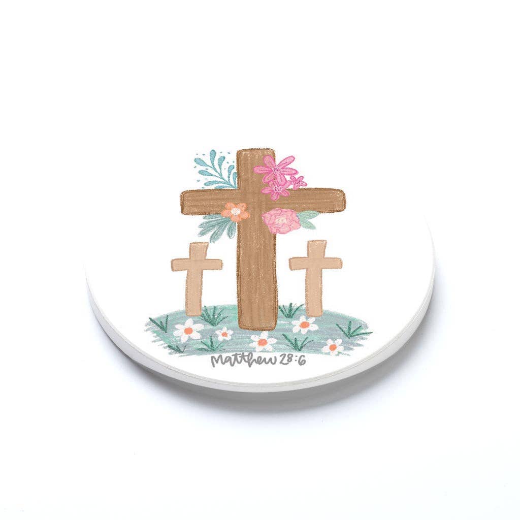 Floral Cross Matthew 28:6 Car Coaster