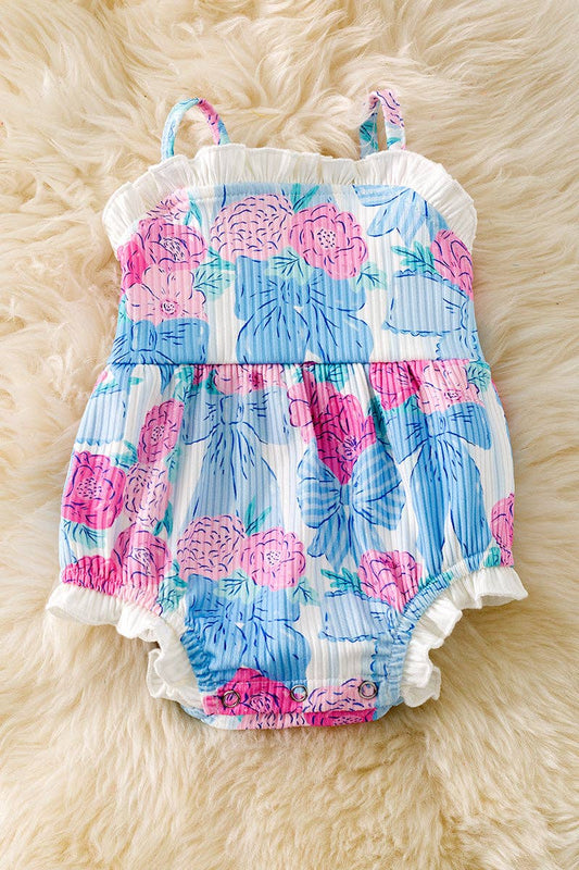 Girls Bow & Floral Printed Romper