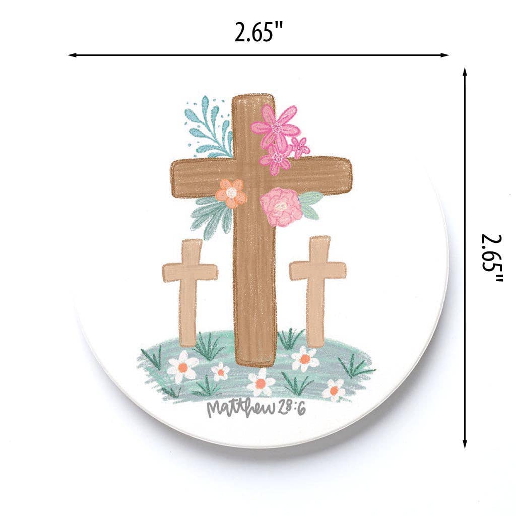 Floral Cross Matthew 28:6 Car Coaster