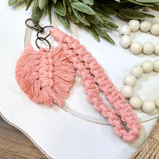 Boho Macrame Keychain - Leaf Tassel - Pink
