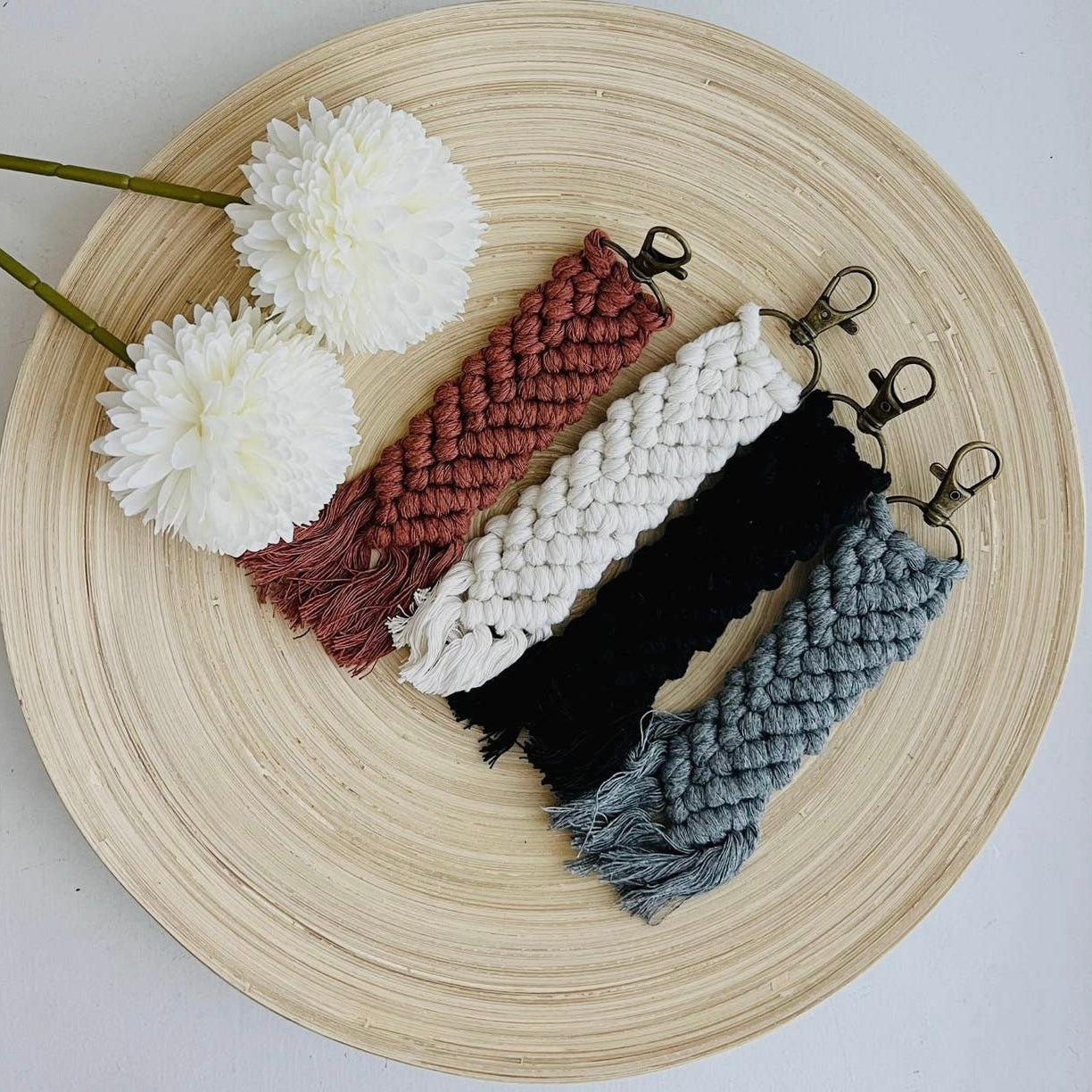 Boho Macrame Keychain - Herringbone Tassel - Grey