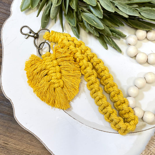 Boho Macrame Keychain - Leaf Tassel - Mustard