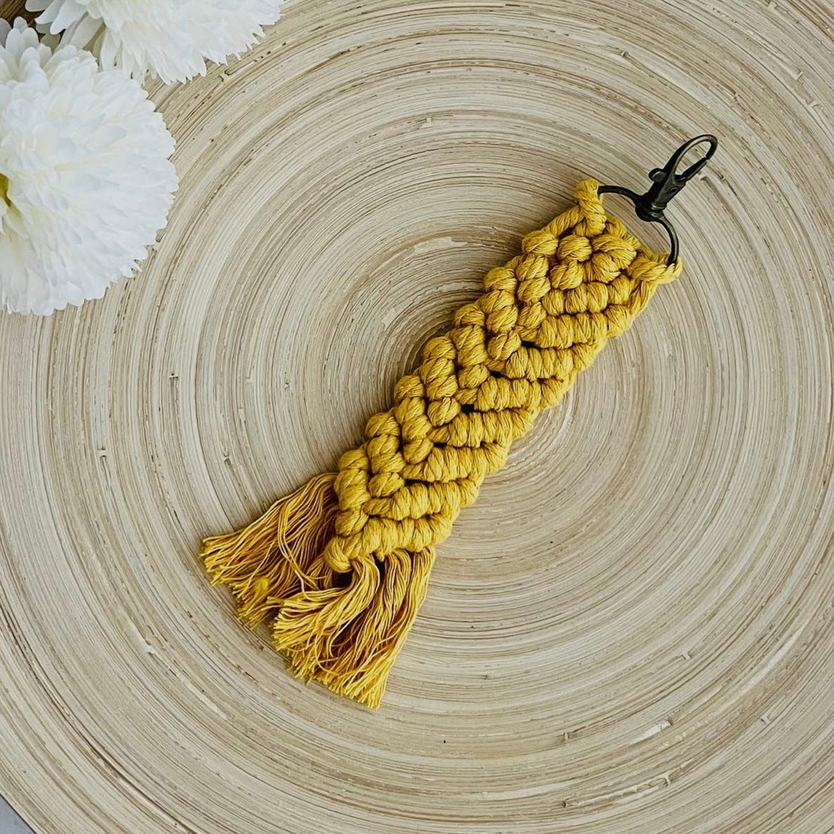 Boho Macrame Keychain - Herringbone Tassel - Mustard