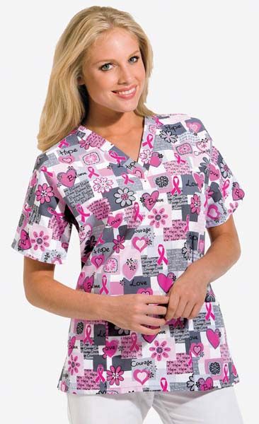 Women’s Cherokee Scrub Words of Love Pink Ribbon Print V-Neck Top