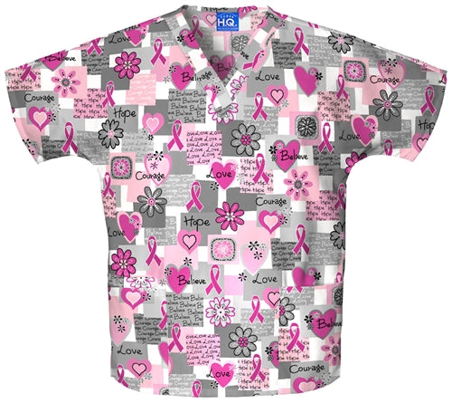 Women’s Cherokee Scrub Words of Love Pink Ribbon Print V-Neck Top