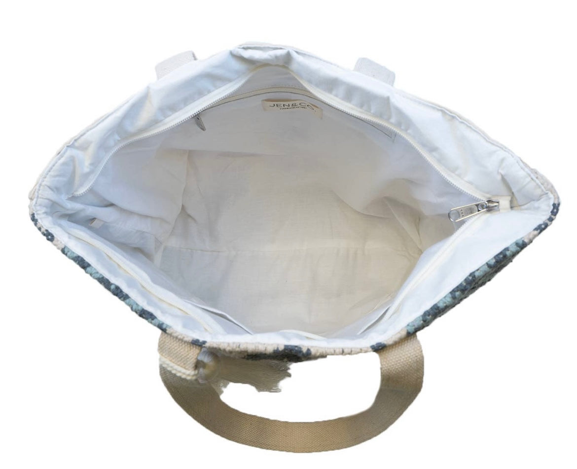 Jen & Co. Tina Diamond Cotton Tote w/ Patterned Handles - Blue/Beige