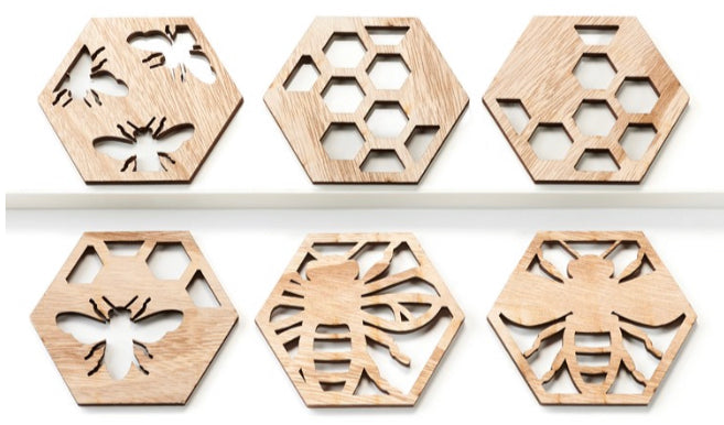 Plywood Wood Laser Cut Bee Coasters Assorted