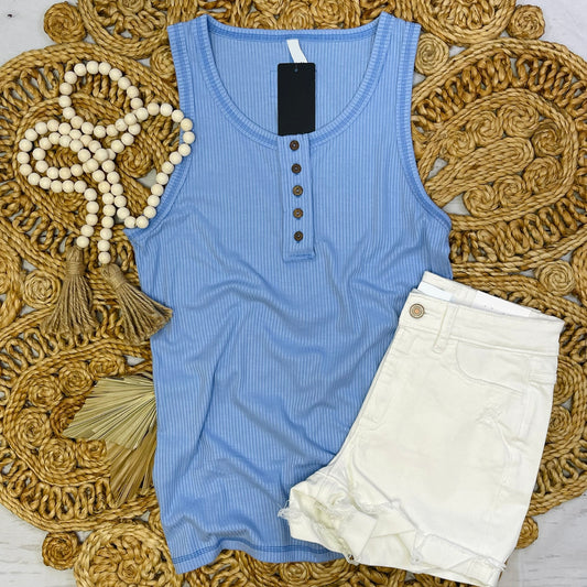 Ribbed Scoop Neck Tank Top, Spring Blue