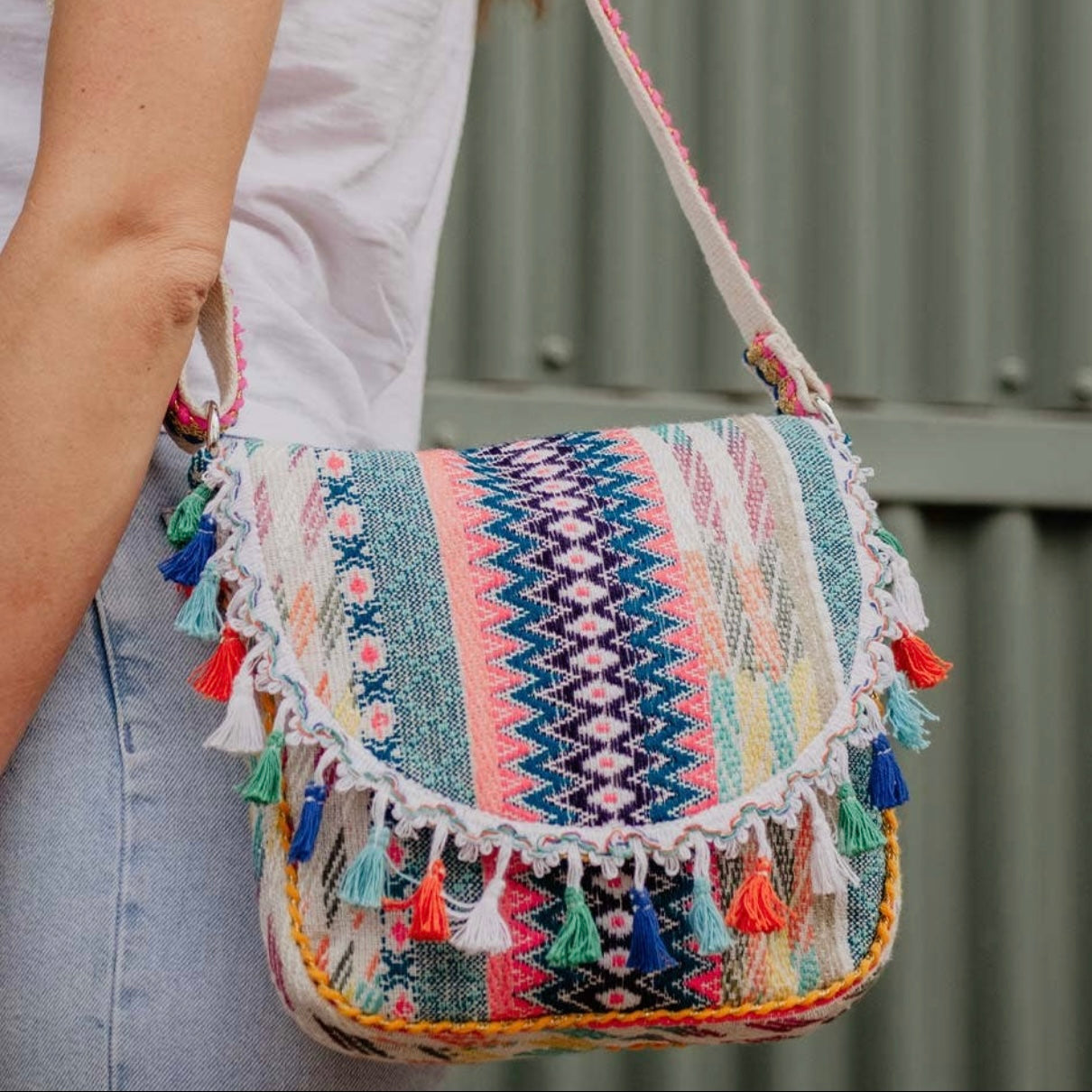 Multicolored Crossbody with Tassels and Embroidered Strap