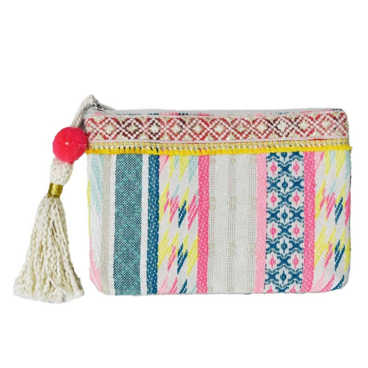 Multicolored Pocket Book with Frill and Pom Pom Tassel