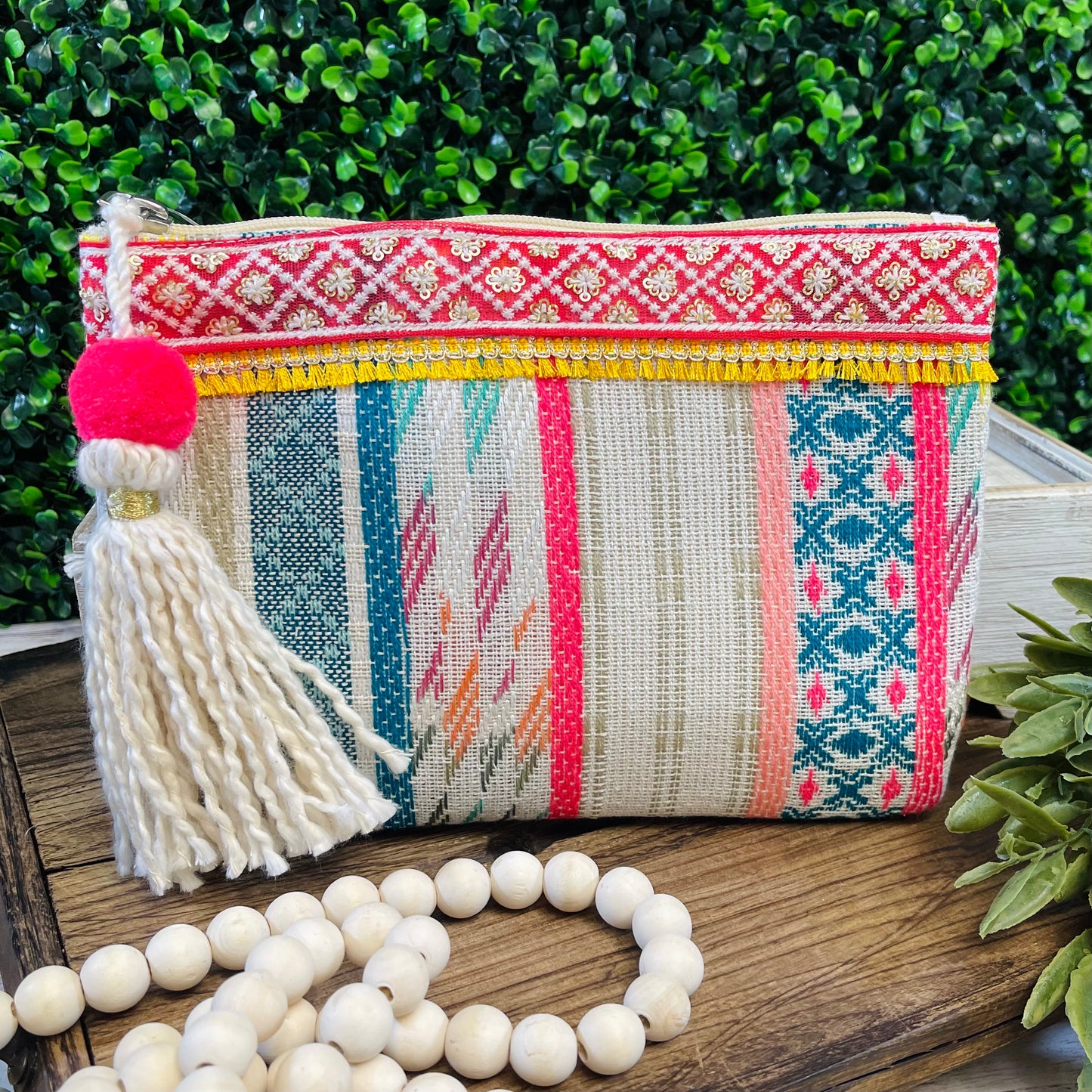 Multicolored Pocket Book with Frill and Pom Pom Tassel